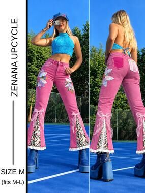Zenana x Shuggie Fierce Designs ⭐Hot Pink Upcycled Flare Jeans Size M (fits M-L)